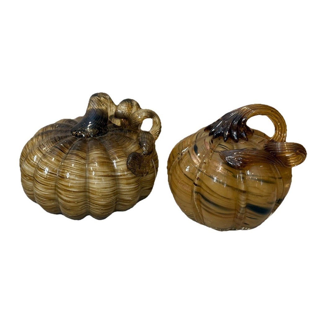 Lot of 2 Hand Blown Glass Pumpkins Amber Brown Swirl Fall Harvest Thanksgiving